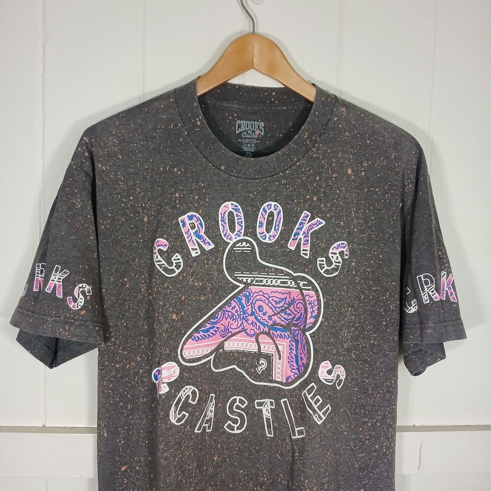 Crooks‎ & Castles Graphic T-Shirt Mens L Gray Bleach Splatter Paisley Streetwear